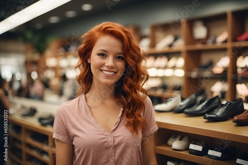 photo of a beautiful short redhead female cashier smiling at a shelf in a shoe store. Generative AI. photo