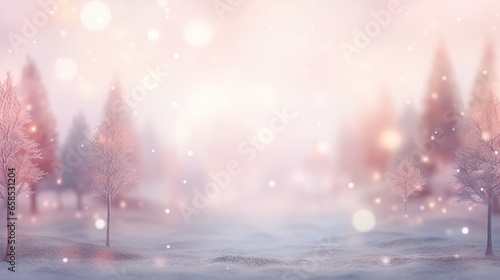  a snowy landscape with trees in the foreground and a pink sky in the background. generative ai