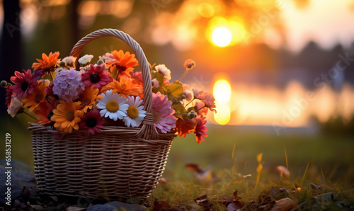 beautiful basket with colorful autumn lflowers agains, generative ai photo