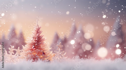  a christmas tree in a snowy landscape with snow flakes.  generative ai