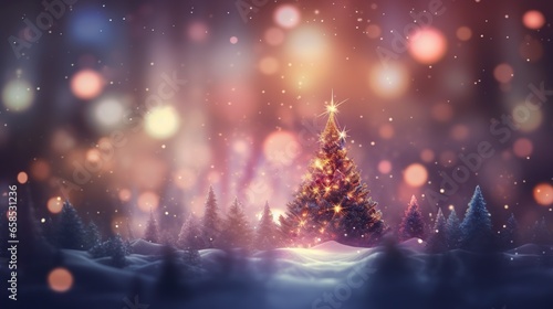  a christmas tree in the middle of a snowy landscape with lights.  generative ai © Jevjenijs