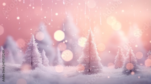  a snowy scene with trees and snow flakes on a pink background. generative ai