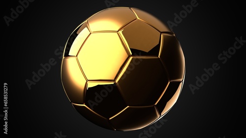 Gold soccer ball on black background. 3d illustration. 