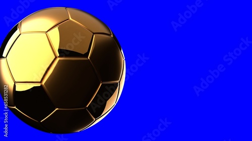 Fototapeta Naklejka Na Ścianę i Meble -  Gold soccer ball on blue chroma key text space.
3d illustration.
