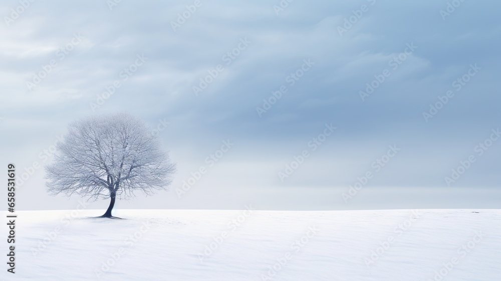 a lone tree stands alone in a snowy field under a cloudy sky. generative ai a lone tree stands alone in a snowy field under a cloudy sky. generative ai