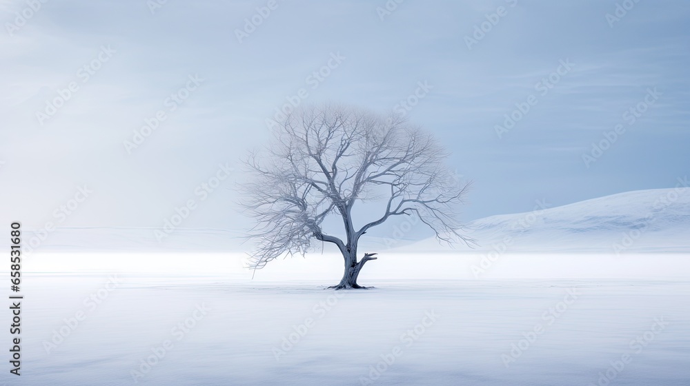a lone tree stands alone in a snowy field with mountains in the background. generative ai a lone tree stands alone in a snowy field with mountains in the background. generative ai