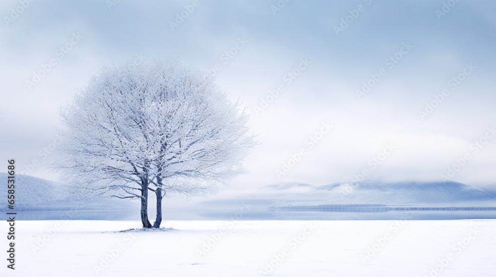 a lone tree stands alone in a snowy field with mountains in the background. generative ai a lone tree stands alone in a snowy field with mountains in the background. generative ai