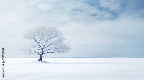  a lone tree stands alone in a snow covered field under a cloudy sky. generative ai