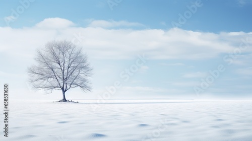  a lone tree stands alone in a snowy landscape with a blue sky.  generative ai © Jevjenijs