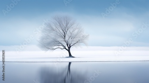  a lone tree is reflected in the still water of a lake. generative ai