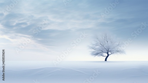  a lone tree stands alone in a snowy field under a cloudy sky.  generative ai © Jevjenijs