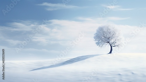  a lone tree on a snowy hill under a blue sky. generative ai