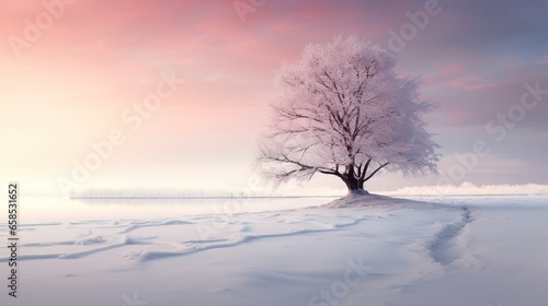  a lone tree in the middle of a snowy field with a pink sky in the background. generative ai