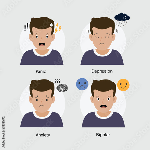  Mental health problems. Man with panic attacks, depression, anxiet and  bipolar.Flat cartoon vector illustration