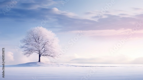  a lone tree stands alone in a snowy field with a blue sky in the background. generative ai