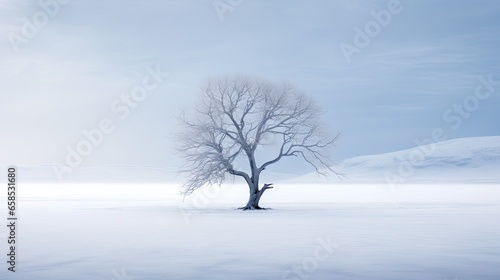  a lone tree stands alone in a snowy field with mountains in the background. generative ai