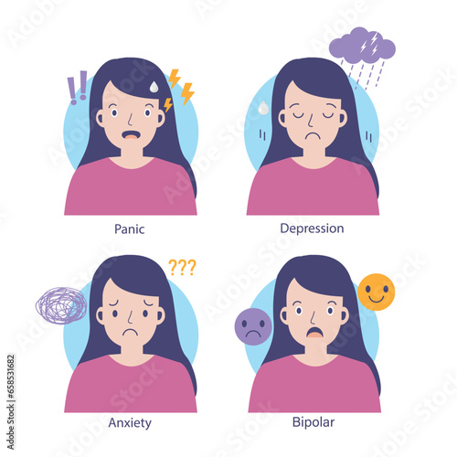  Mental health problems. Woman with panic attacks, depression, anxiet and  bipolar.Flat cartoon vector illustration