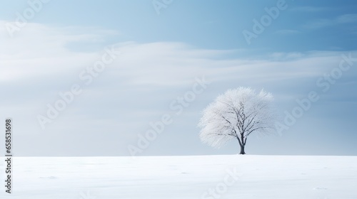  a lone tree stands alone in a snowy field under a blue sky.  generative ai © Jevjenijs