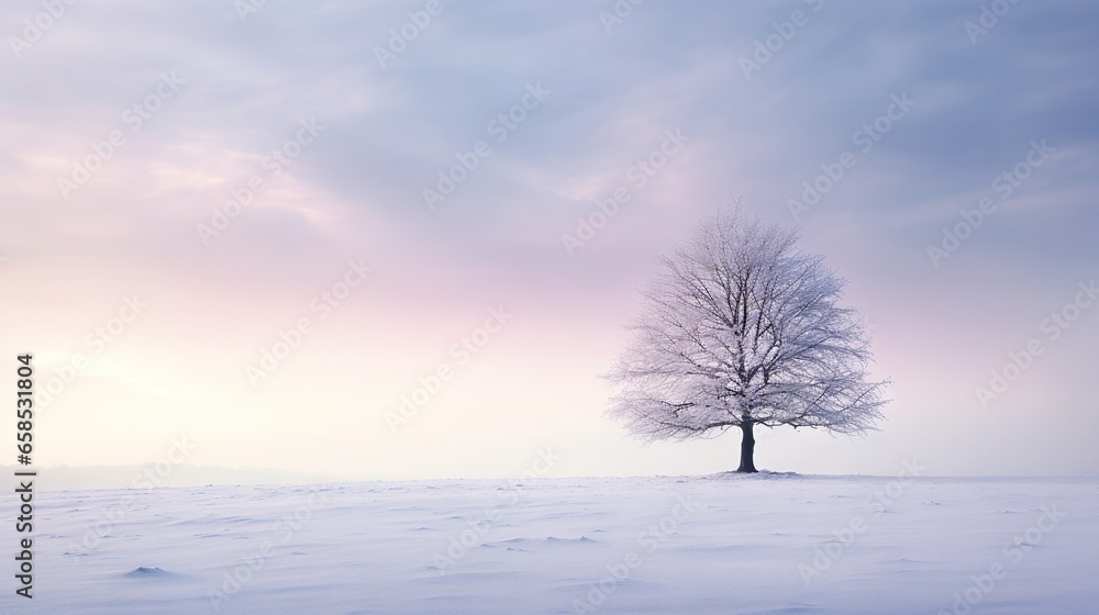a lone tree stands alone in a snowy field at sunset. generative ai a lone tree stands alone in a snowy field at sunset. generative ai