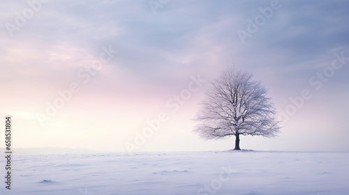  a lone tree stands alone in a snowy field at sunset. generative ai