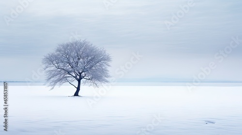  a lone tree stands alone in a snowy landscape with a distant horizon. generative ai