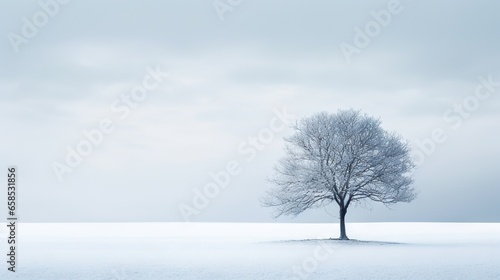  a lone tree stands alone in a snowy field with a gray sky in the background. generative ai