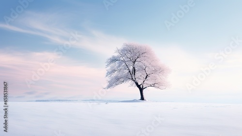  a lone tree stands alone in a snowy field with a blue sky in the background. generative ai