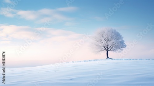  a lone tree stands alone in a snowy field with a blue sky in the background. generative ai