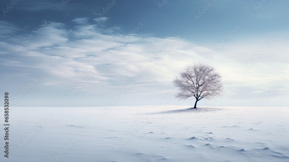 a lone tree stands alone in a snowy field under a cloudy sky. generative ai a lone tree stands alone in a snowy field under a cloudy sky. generative ai