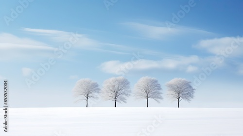  a group of trees in the snow with a blue sky in the background.  generative ai