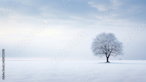  a lone tree stands alone in a snowy field with a sky background. generative ai