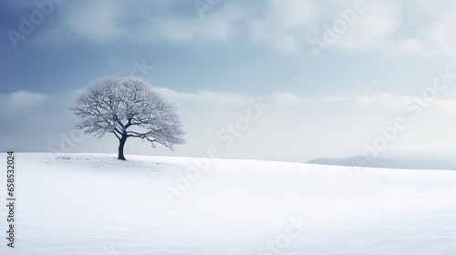  a lone tree stands alone in a snowy field with mountains in the background. generative ai