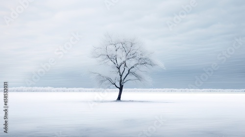  a lone tree stands alone in the middle of a frozen lake.  generative ai © Jevjenijs