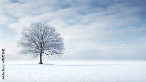  a lone tree stands alone in a snowy field on a cold day. generative ai