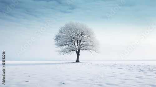  a lone tree stands alone in a snowy field with footprints in the snow. generative ai