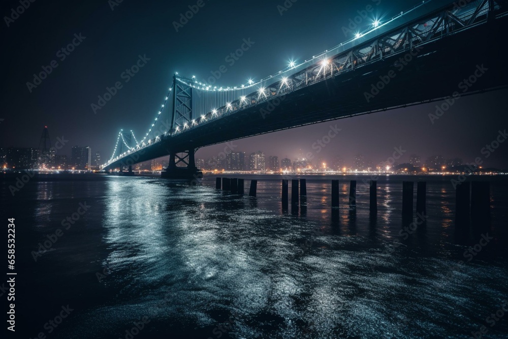 Nighttime bridge over water with city lights and rain during long exposure. Generative AI