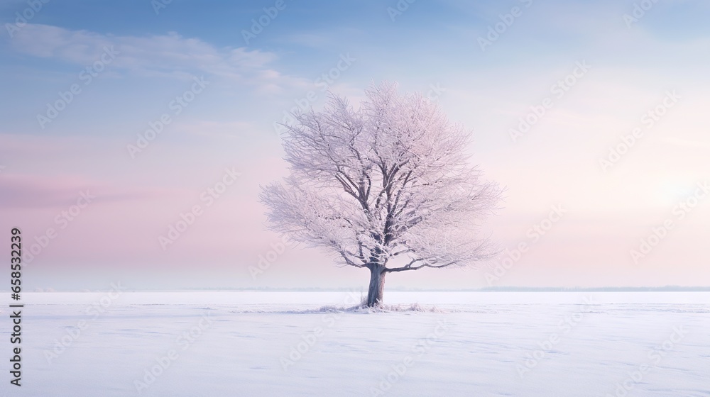  a lone tree in the middle of a snow covered field.  generative ai