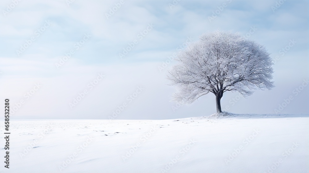 a lone tree stands alone in a snowy field with footprints on the ground. generative ai a lone tree stands alone in a snowy field with footprints on the ground. generative ai