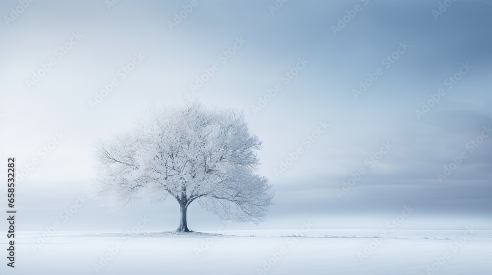 a lone tree stands alone in a snowy field with a blue sky in the background. generative ai a lone tree stands alone in a snowy field with a blue sky in the background. generative ai
