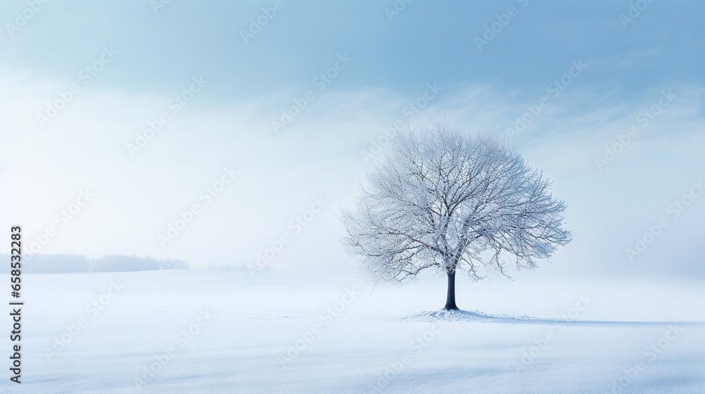 a lone tree stands alone in a snowy field with a blue sky. generative ai a lone tree stands alone in a snowy field with a blue sky. generative ai