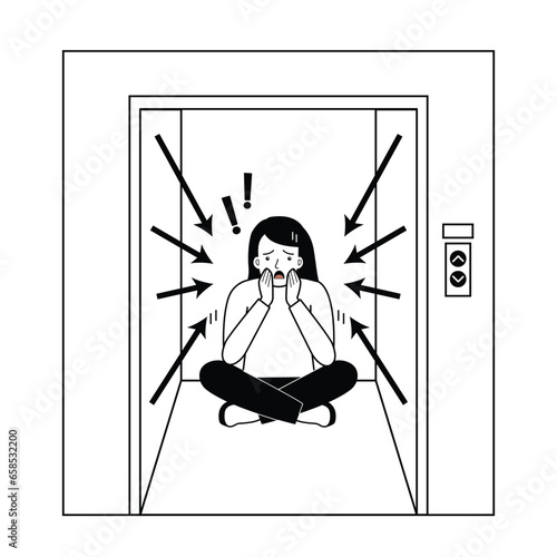 Young woman sufering of claustrophobia attack  in elevator. vector illustration