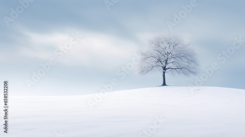  a lone tree stands alone in a snowy field on a cloudy day.  generative ai © Jevjenijs