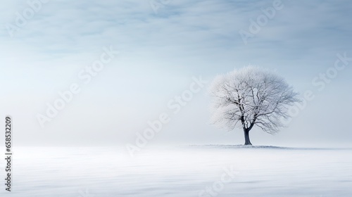  a lone tree stands alone in a snowy field with a blue sky in the background.  generative ai © Jevjenijs