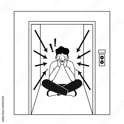 Young man sufering of claustrophobia attack  in elevator. vector illustration