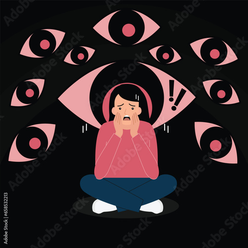 Mental disorder and Phobia. Woman sits and imagines eyes around her. Cartoon flat vector illustration.
