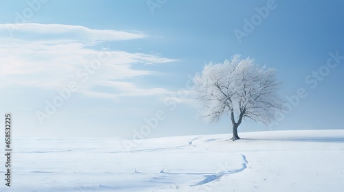  a lone tree stands alone in a snowy landscape with a blue sky. generative ai