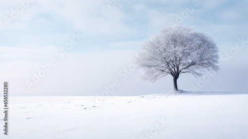  a lone tree stands alone in a snowy field with footprints on the ground. generative ai