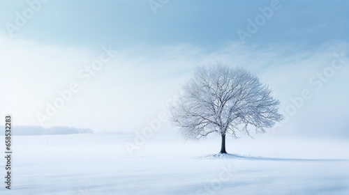  a lone tree stands alone in a snowy field with a blue sky. generative ai