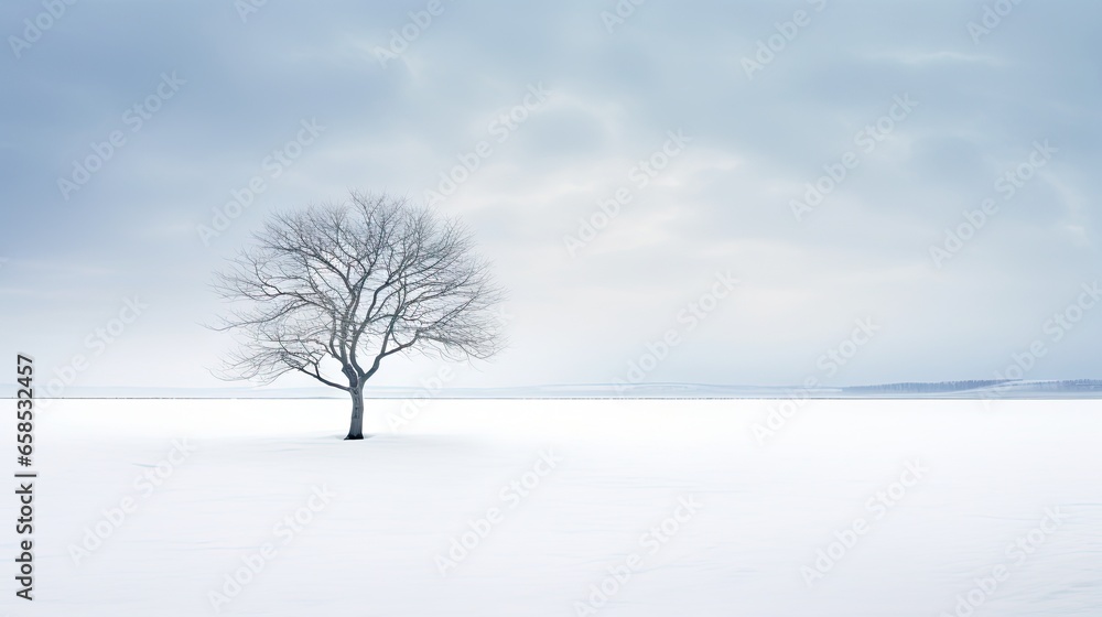 a lone tree stands alone in a snowy field with a blue sky in the background. generative ai a lone tree stands alone in a snowy field with a blue sky in the background. generative ai