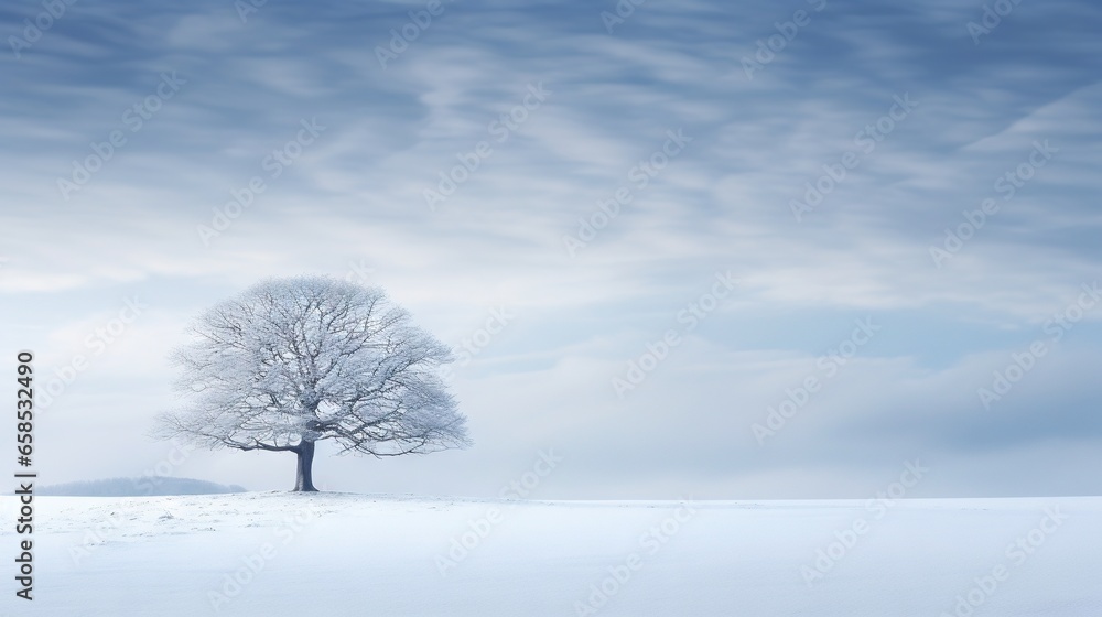 a lone tree stands alone in a snowy field under a cloudy sky. generative ai a lone tree stands alone in a snowy field under a cloudy sky. generative ai